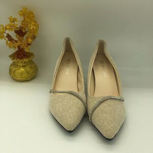 Beige Women Low Kitten Heel Pumps Pointed Toe Dress Shoes